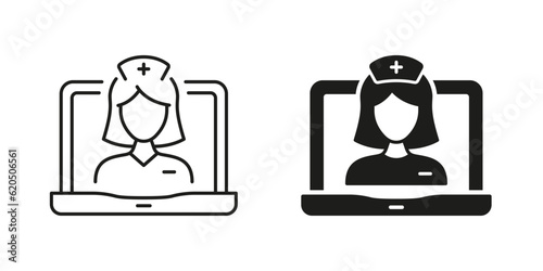 Telemedicine Symbol Collection. Remote Virtual Doctor Woman in Laptop Line and Silhouette Black Icon Set. Physician Online Consultation. Video Medical Service Pictogram. Isolated Vector Illustration