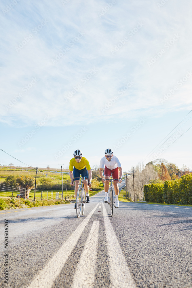 Fototapeta premium Fitness, mockup or people cycling on bicycle for training, cardio workout or race exercise in countryside. Space, male friends or sports athletes riding bike on road or path for a challenge together