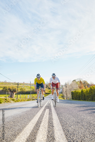 Fitness  mockup or people cycling on bicycle for training  cardio workout or race exercise in countryside. Space  male friends or sports athletes riding bike on road or path for a challenge together