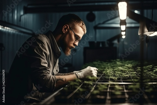 male worker in greenhouse for cultivation and production of legal medical marijuana cannabis. Generative AI