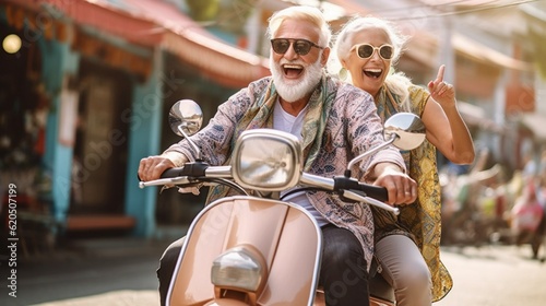 Concept: life and rest of pensioners. Happy couple of old people riding a scooter on a trip to Asia, active seniors. created by AI