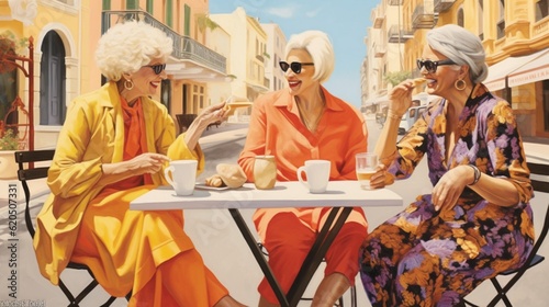 Concept: life and rest of pensioners. Happy elderly girlfriends sit in a city cafe on the terrace and have fun chatting, active elderly people. created by AI