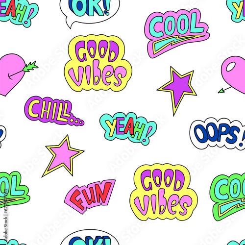 Seamless pattern, trendy retro cool comic style. 90s Pop colorhand drawn colorful lettering. Doodle style background photo