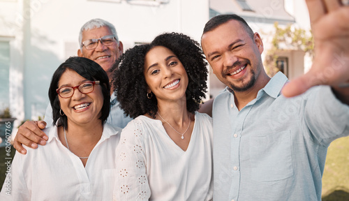 Family, parents and adult children in selfie outdoor, happy and relax on lawn, bonding and love in memory. Men, women and smile in picture, care and trust in garden, portrait and social media post