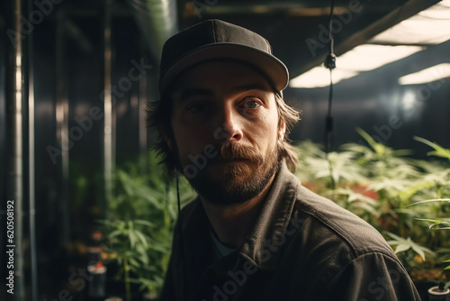 Portrait of male worker in greenhouse for growing cannabis marijuana bushes. Legal business for production of medical hemp weed. Generative AI
