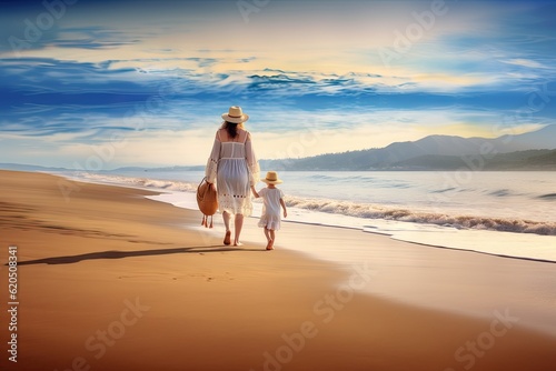mother with child walking on beach