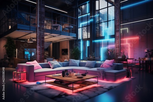 A living room filled with furniture and neon lights. AI