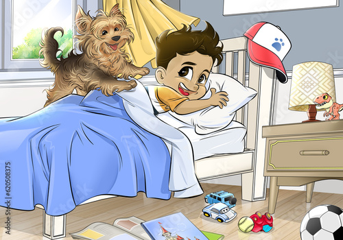 Quadro em tela dog waking up little boy in his bedroom