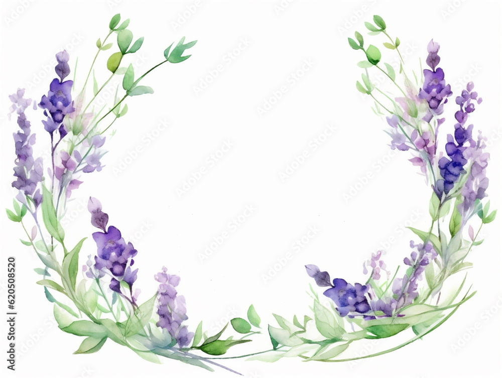 Watercolor round frame with purple lavender flowers, copy space inside, ai generated