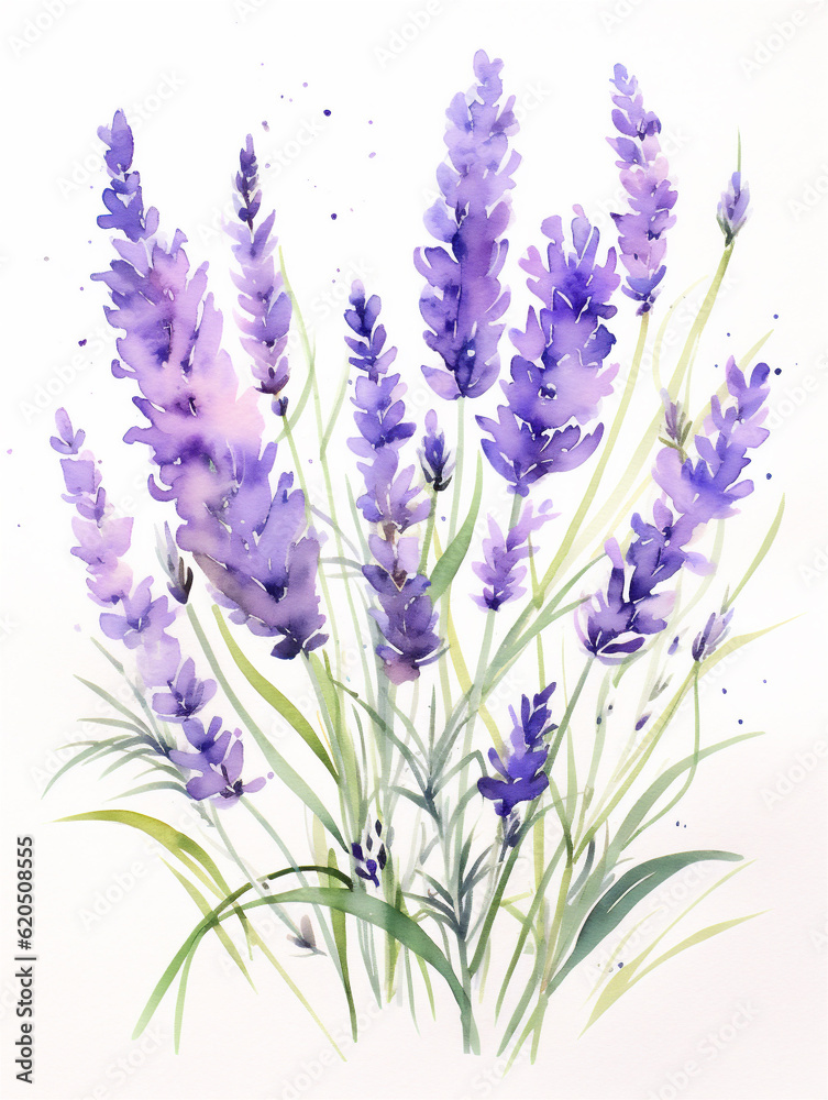 Fototapeta premium Watercolor illustration of purple lavender flowers isolated on white, ai generated