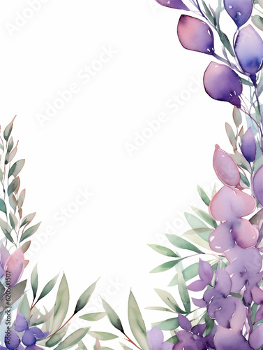 Watercolor illustration of purple lavender flowers with copy space inside on white background, ai generated