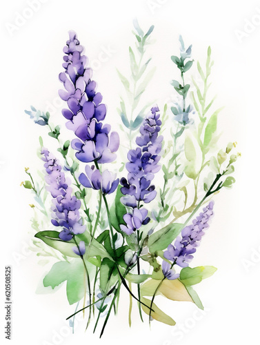 Watercolor illustration of purple lavender flowers isolated on white  ai generated