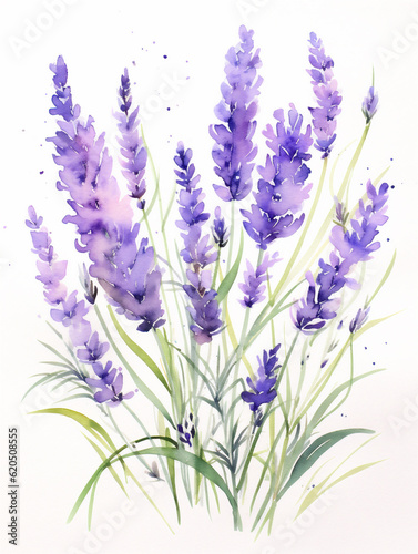 Watercolor illustration of purple lavender flowers isolated on white  ai generated