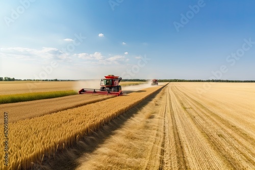 combine mows harvest on large field