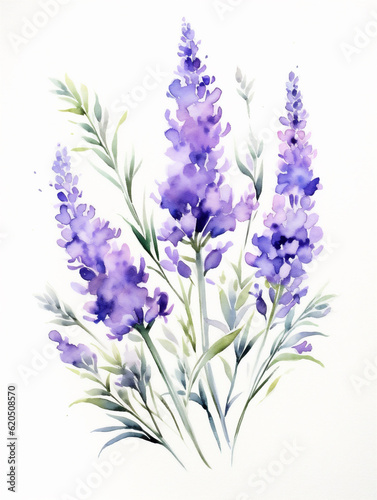 Watercolor illustration of purple lavender flowers isolated on white  ai generated