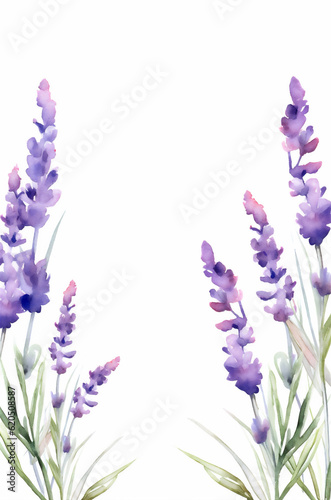 Watercolor illustration of purple lavender flowers with copy space inside on white background  ai generated