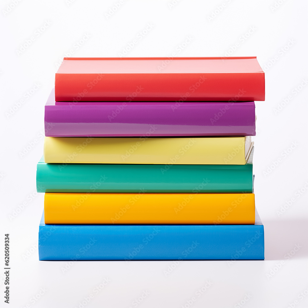 A stack of books in a colored cover on a white background. Books without inscriptions with copy space for text. School books isolate. A stack of books in a colored cover on a white background. Books without inscriptions with copy space for text. School books isolate.