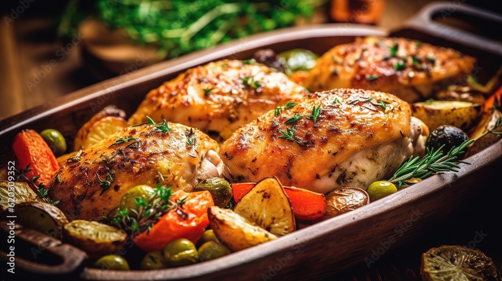 Grilled chicken breast in different variations with cherry tomatoes, green French beans, garlic, herbs, cut lemon. rustic Generative AI. Grilled chicken breast in different variations with cherry tomatoes, green French beans, garlic, herbs, cut lemon. rustic Generative AI.