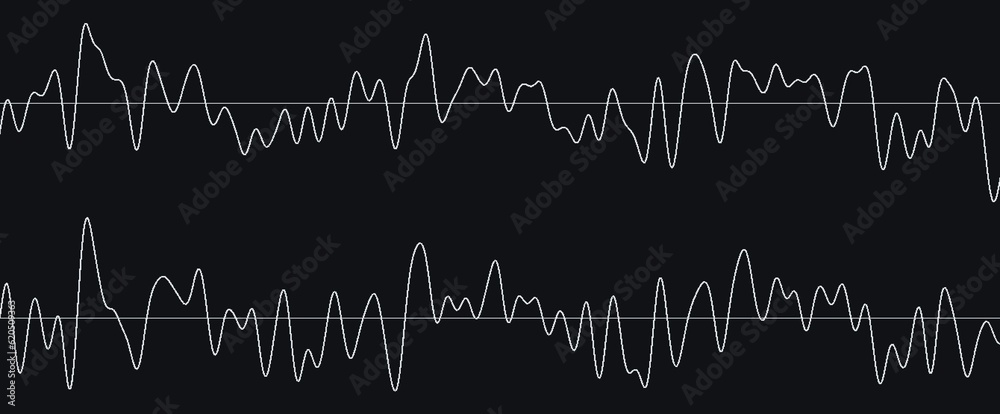 Pixel stereo waveform. Audio music sound wave. Audio spectrum. Soundwaves on black background.