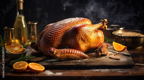Foto Roast goose stuffed with baked apples in a skillet on a dark wooden background, festive christmas