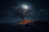 Dark tree illuminated by luminous moonlight at night 
 Generative AI