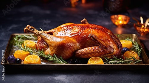 Fotografia Roast goose stuffed with baked apples in a skillet on a dark wooden background, festive christmas