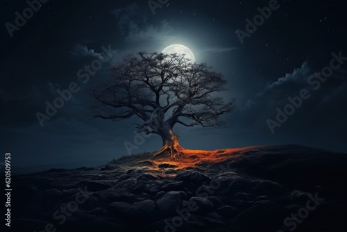 Dark tree illuminated by luminous moonlight at night Generative AI