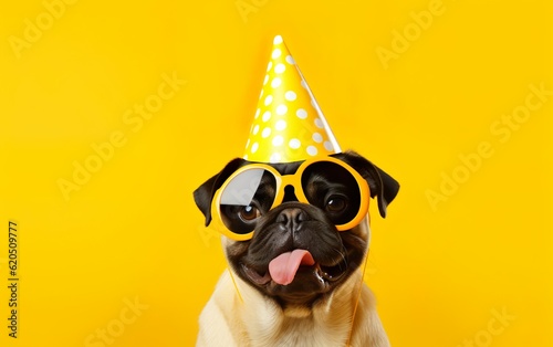 Funny Pet Celebrating: Cute dog in Party Hat and Sunglasses over Yellow Background. French Bulldog © lanters_fla
