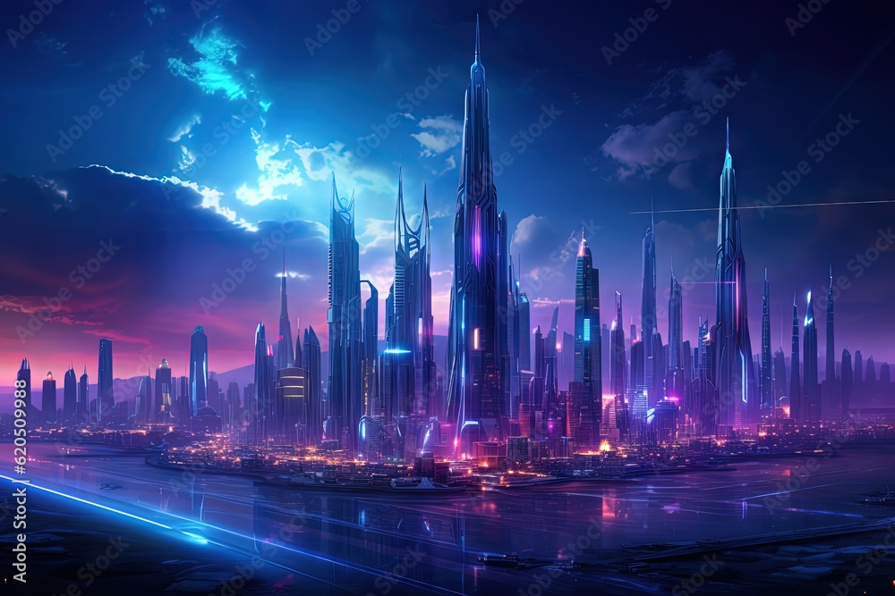 Futuristic metropolis illuminated by purple and cyan 
 Generative AI