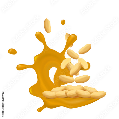 Vector peanut kernels isolated on white background in splashes of peanut butter