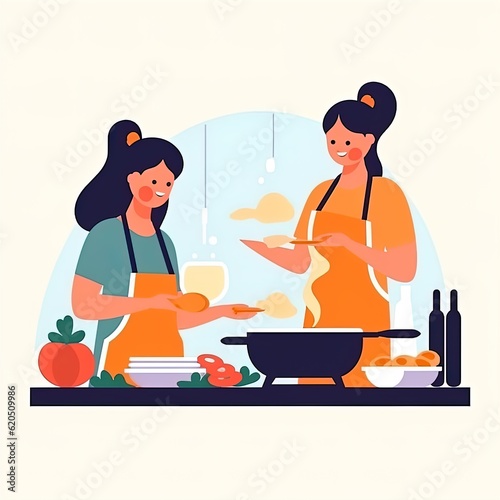 skinned friends cook food, flat illustration Generative AI