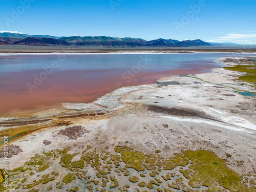 Argentina: Puna - aerial view of the colorful Laguna Carachi Pampa, a surreal and beautiful landscape surrounded by volcanic rocks and dunes of sand
