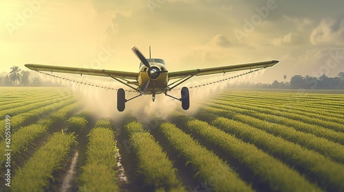 A crop duster applies chemicals to a field of vegetation. Generative AI