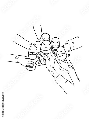 Continuous one line drawing of hands cheering with glasses of wine. Vector illustration.