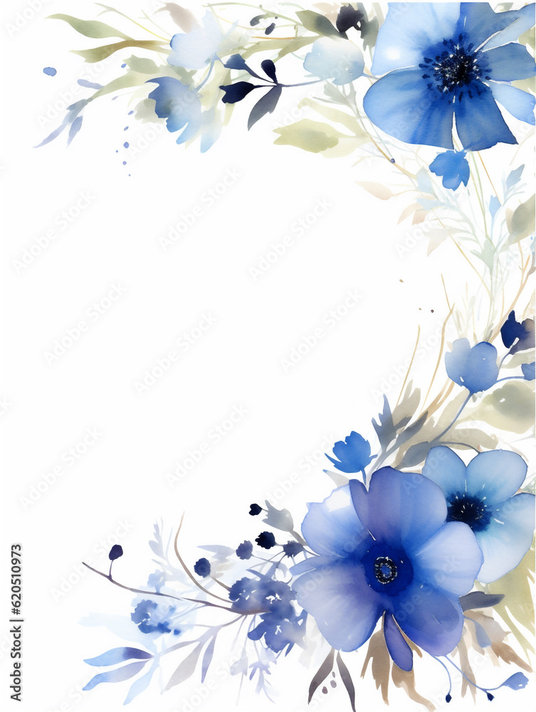 Watercolor frame with blue flowers on white background with copy space ...