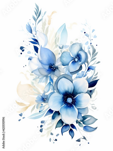Watercolor illustration with blue flowers isolated on white background. Ai generated