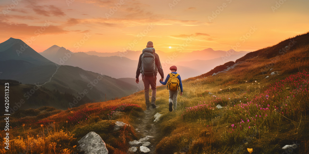 Generative AI, father and son travel in the mountains with backpacks ...