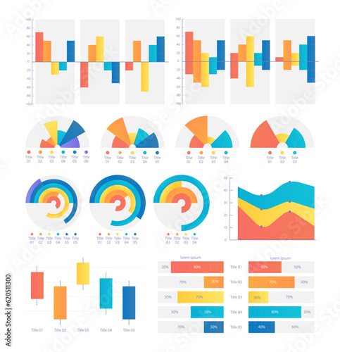 Performing educational information with infographic chart design template set. Visual data presentation. Editable bar graphs and circular diagrams collection. Myriad Variable Concept font used