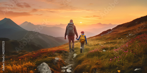 Generative AI, father and son travel in the mountains with backpacks, hiking in nature, father's day card, beautiful sunset, impressive scenery, tourists, traveler family, camping with children © Julia Zarubina