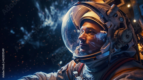 Cinematic astronaut closeup helmet in space