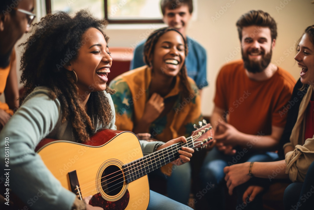 Fototapeta premium A diverse group of people gathered around a guitar player, singing and clapping their hands in an impromptu jam session Generative AI