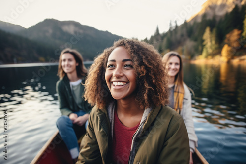 A multiethnic group of friends enjoying a boat ride on a serene lake, their smiles mirroring the calm waters Generative AI