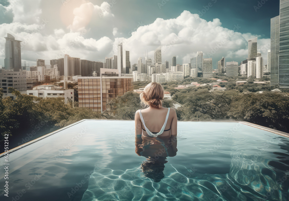 a woman sitting in the pool in the city with a cityscape in background, generative AI