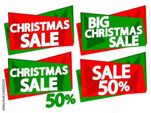 Christmas Sale, 50% off, set discount banners design template, promotion tags, app icons, vector illustration