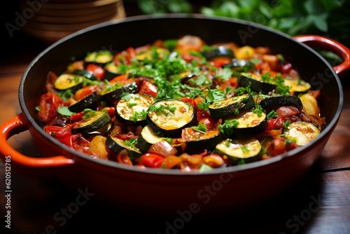 A red bowl filled with vegetables on top of a wooden table. AI