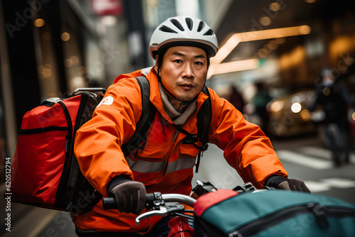 Energetic Delivery Person Cycling Through Urban Landscape. Generative AI.