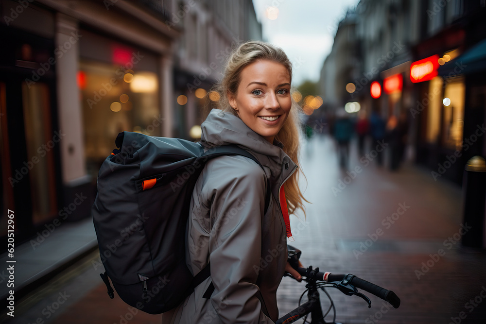 Energetic Delivery Person Cycling Through Urban Landscape. Generative AI. Energetic Delivery Person Cycling Through Urban Landscape. Generative AI.