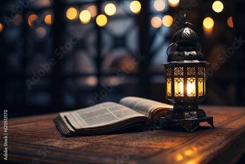 An old Arabic lamp sits next to a book on a table. Generative AI