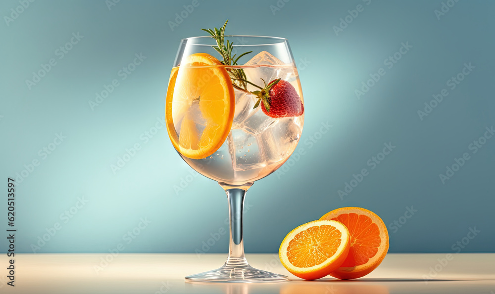  a glass of wine with orange slices and strawberries in it.  generative ai