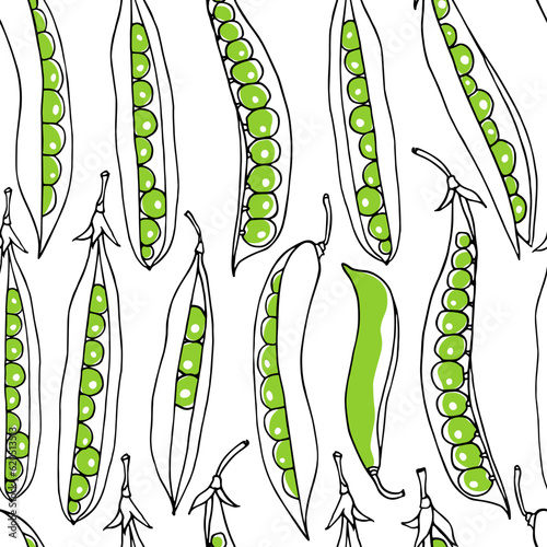 Vector seamless pattern with hand drawn green pea pods. Beautiful food design elements, ink drawing, graphic style. Perfect for prints and patterns